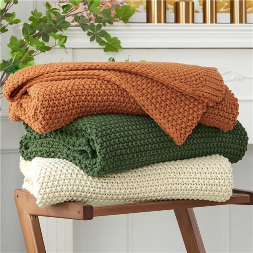 Cable Knit Throw Blanket Lightweight Beige 100% Organic Cotton Blanket